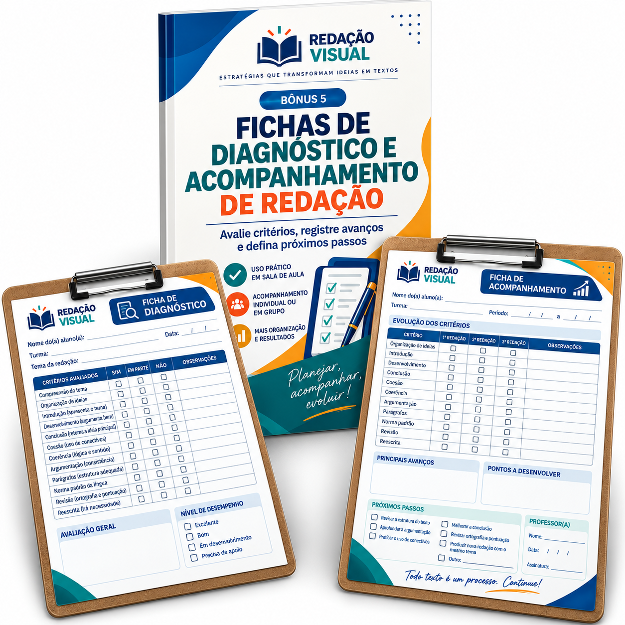 Mockup do bônus Fichas de Diagnóstico e Acompanhamento de Redação Visual