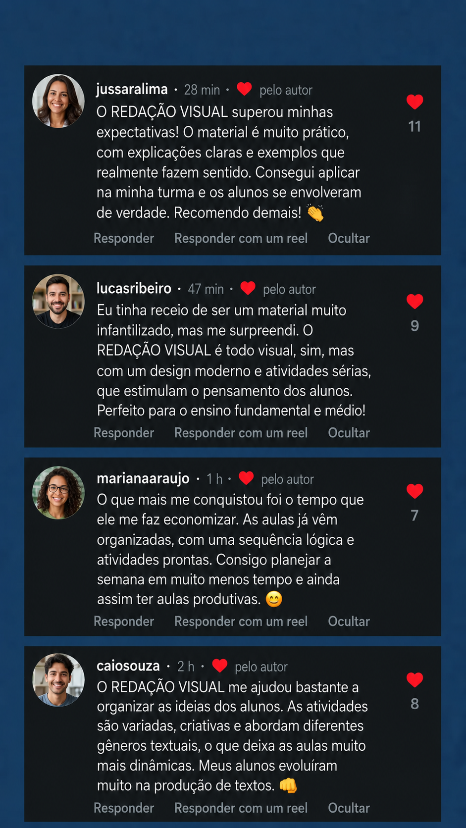 Comentários do Instagram com depoimentos de professores sobre o material Redação Visual