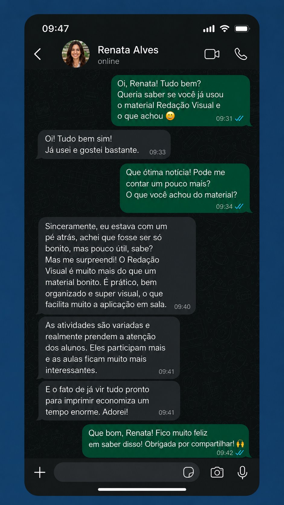 Conversa no WhatsApp com depoimento de professora sobre o material Redação Visual