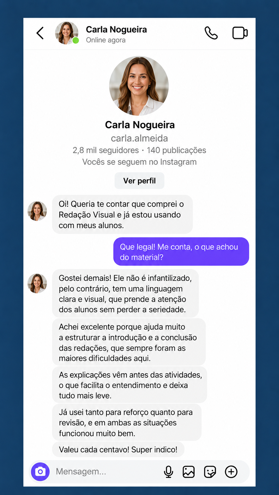 Mensagem direta com depoimento sobre o material Redação Visual